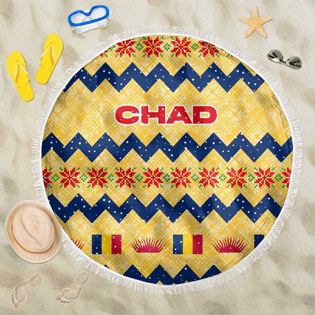 Chad Christmas Beach Blanket with Yellow-Blue Geometric Design, National Coat of Arms, and Festive Motif - Wonder Print Shop