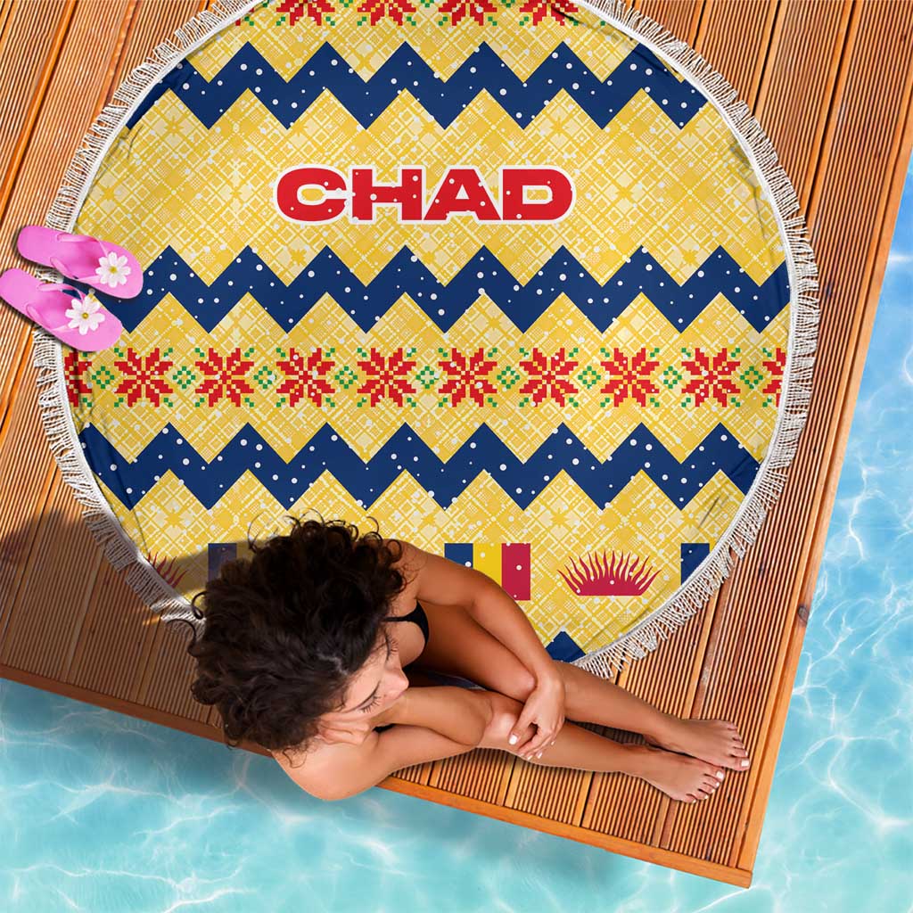 Chad Christmas Beach Blanket with Yellow-Blue Geometric Design, National Coat of Arms, and Festive Motif - Wonder Print Shop