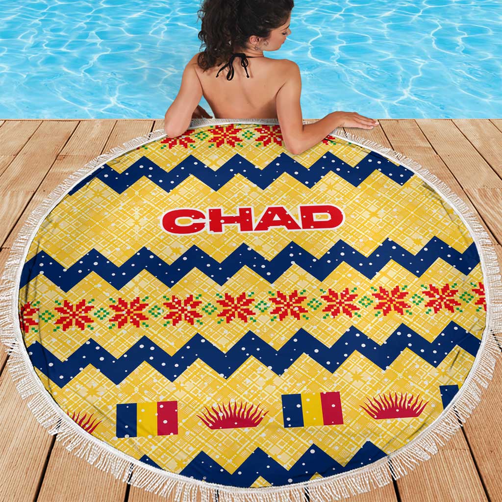 Chad Christmas Beach Blanket with Yellow-Blue Geometric Design, National Coat of Arms, and Festive Motif - Wonder Print Shop