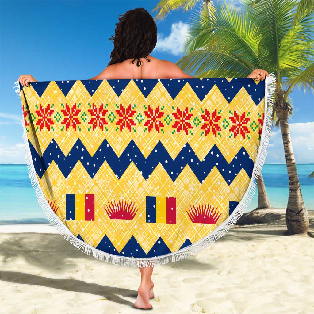 Chad Christmas Beach Blanket with Yellow-Blue Geometric Design, National Coat of Arms, and Festive Motif - Wonder Print Shop