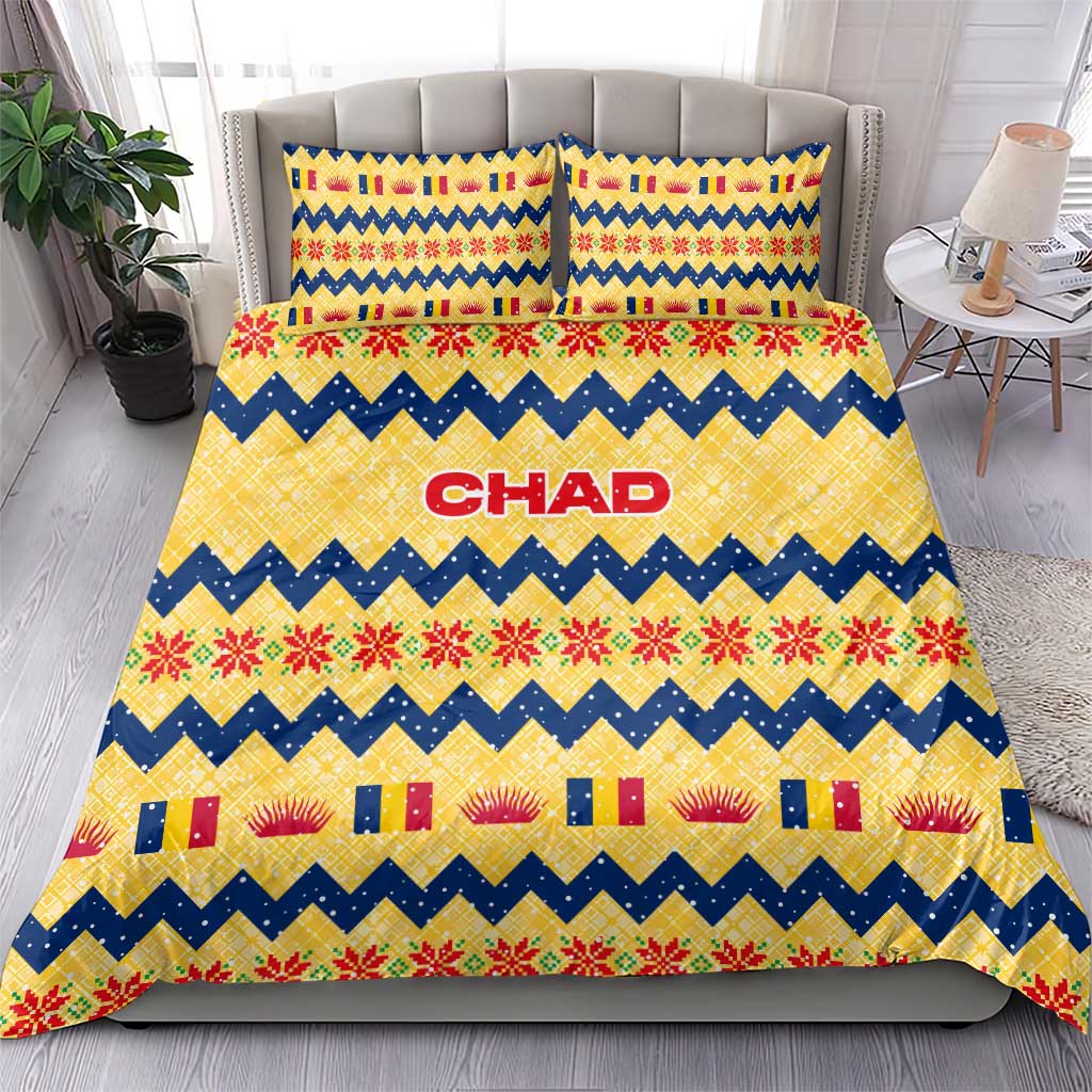 Chad Christmas Bedding Set with Yellow-Blue Geometric Design, National Coat of Arms, and Festive Motif - Wonder Print Shop