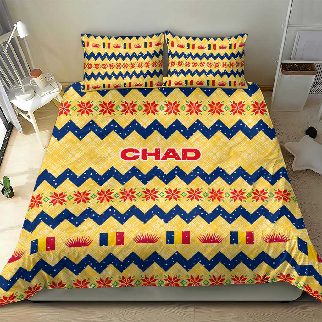 Chad Christmas Bedding Set with Yellow-Blue Geometric Design, National Coat of Arms, and Festive Motif - Wonder Print Shop