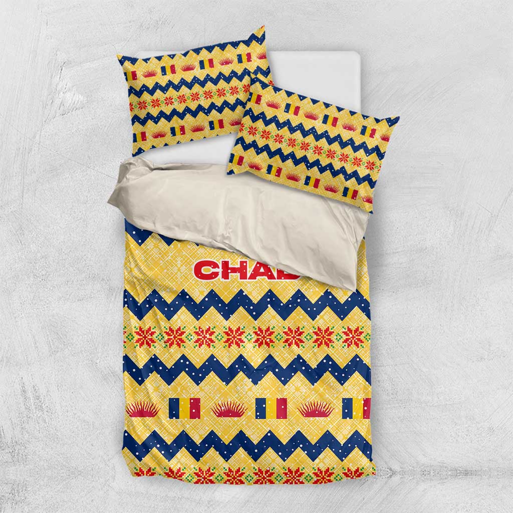 Chad Christmas Bedding Set with Yellow-Blue Geometric Design, National Coat of Arms, and Festive Motif - Wonder Print Shop