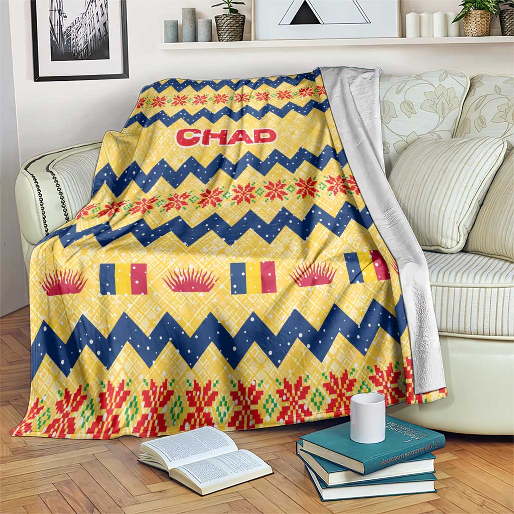 Chad Christmas Blanket with Yellow-Blue Geometric Design, National Coat of Arms, and Festive Motif - Wonder Print Shop