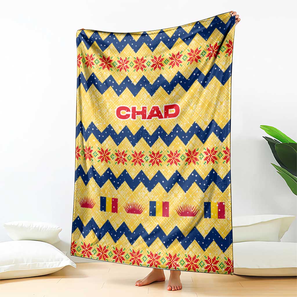 Chad Christmas Blanket with Yellow-Blue Geometric Design, National Coat of Arms, and Festive Motif - Wonder Print Shop