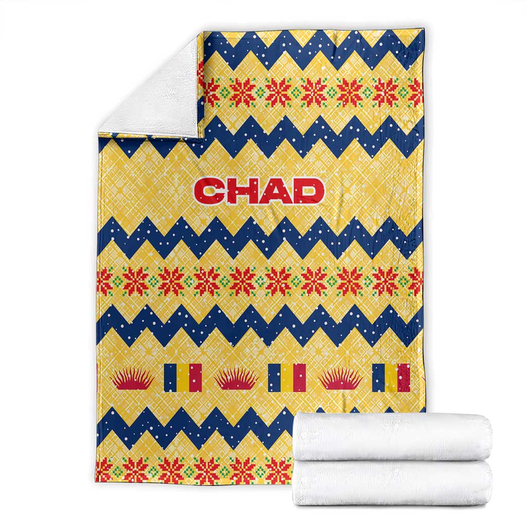 Chad Christmas Blanket with Yellow-Blue Geometric Design, National Coat of Arms, and Festive Motif - Wonder Print Shop