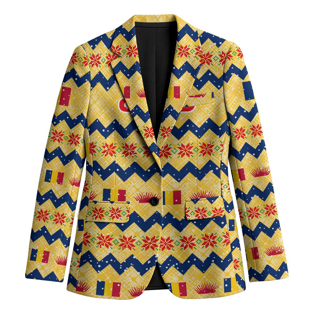 Chad Christmas Blazer with Yellow-Blue Geometric Design, National Coat of Arms, and Festive Motif - Wonder Print Shop