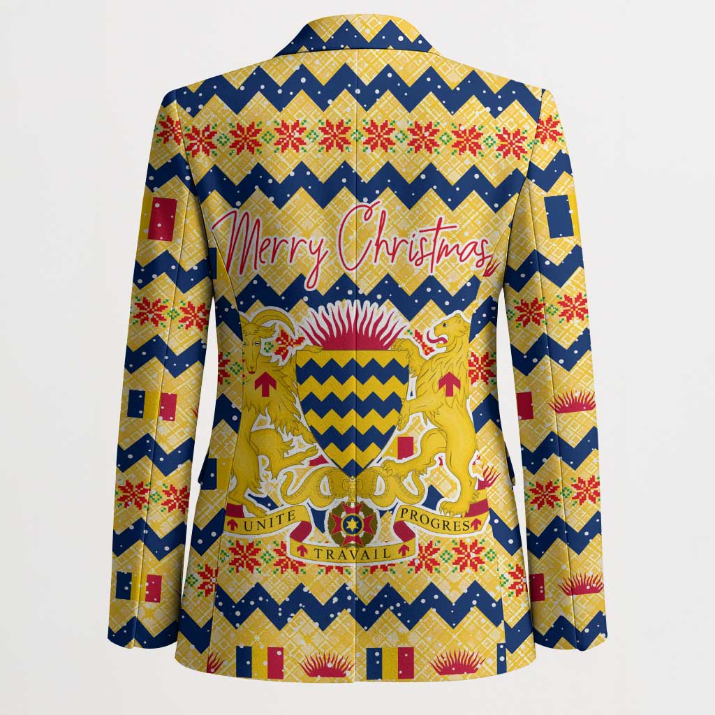 Chad Christmas Blazer with Yellow-Blue Geometric Design, National Coat of Arms, and Festive Motif - Wonder Print Shop