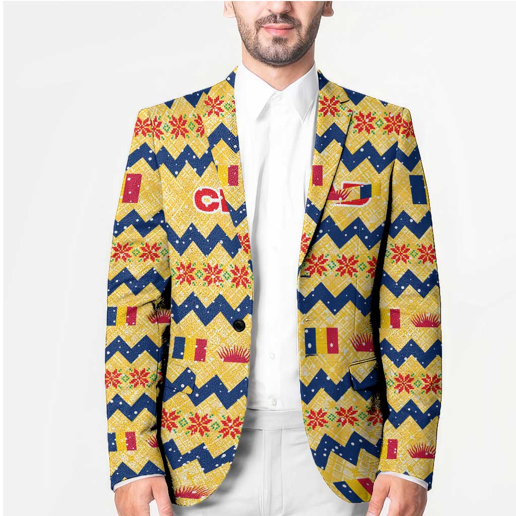 Chad Christmas Blazer with Yellow-Blue Geometric Design, National Coat of Arms, and Festive Motif - Wonder Print Shop