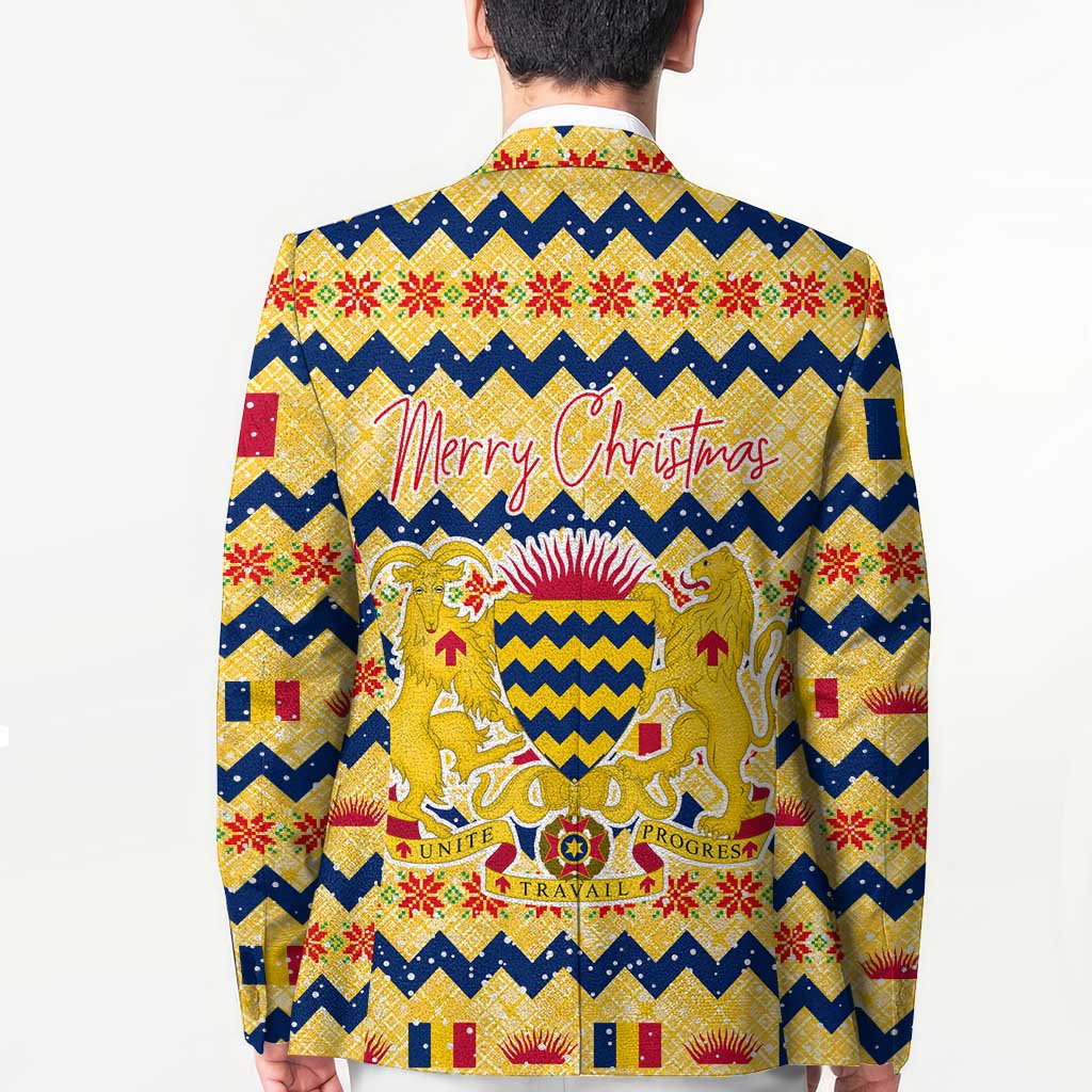 Chad Christmas Blazer with Yellow-Blue Geometric Design, National Coat of Arms, and Festive Motif - Wonder Print Shop