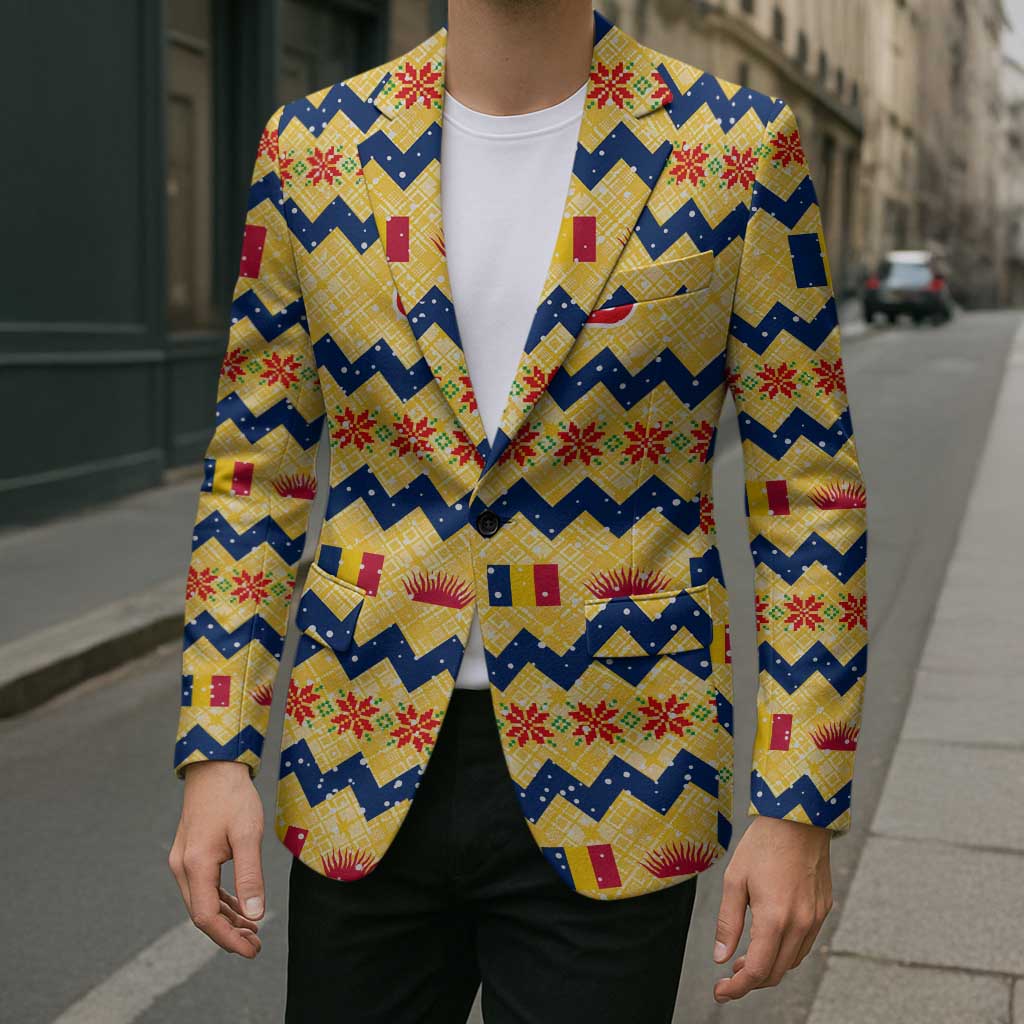 Chad Christmas Blazer with Yellow-Blue Geometric Design, National Coat of Arms, and Festive Motif - Wonder Print Shop