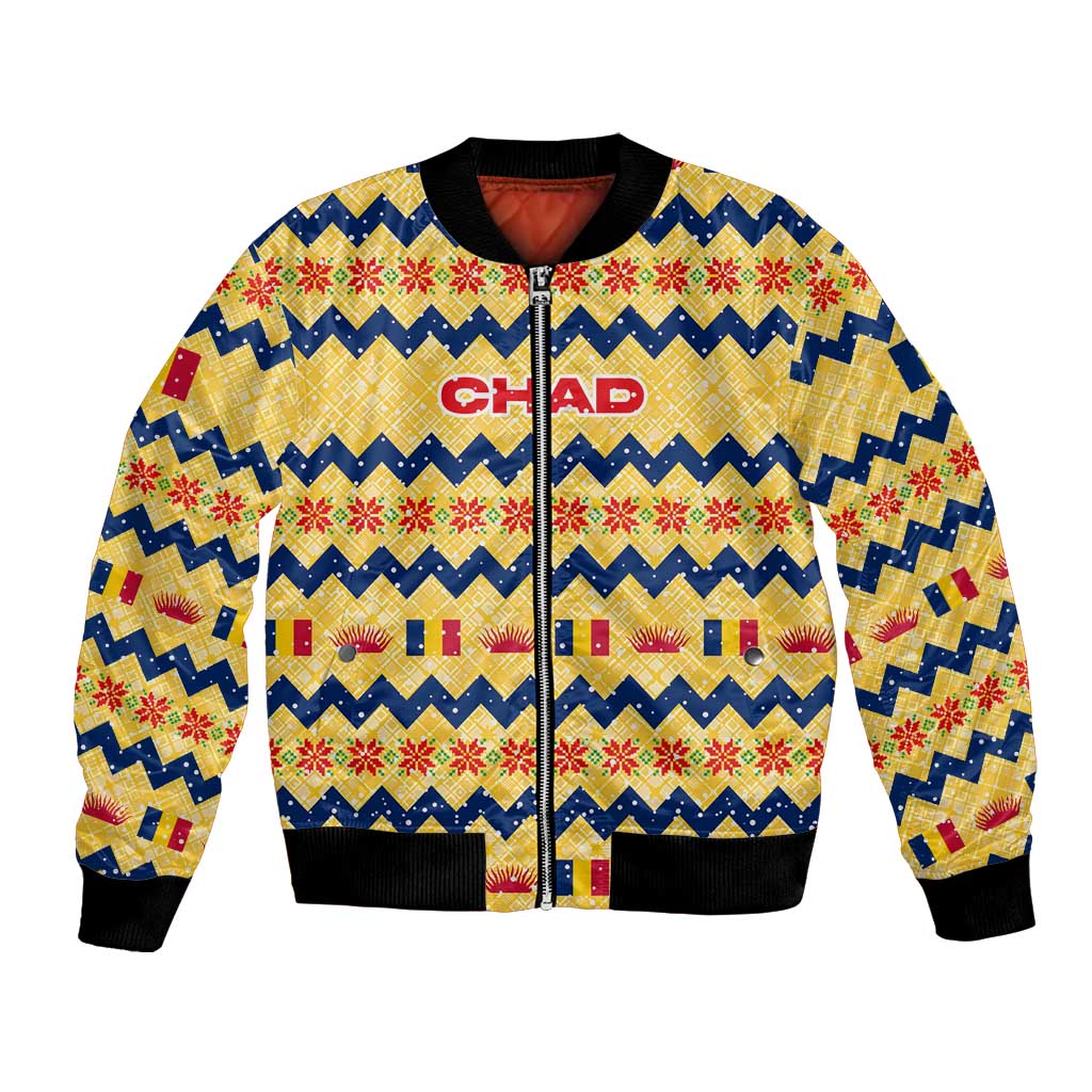 Chad Christmas Bomber Jacket with Yellow-Blue Geometric Design, National Coat of Arms, and Festive Motif - Wonder Print Shop