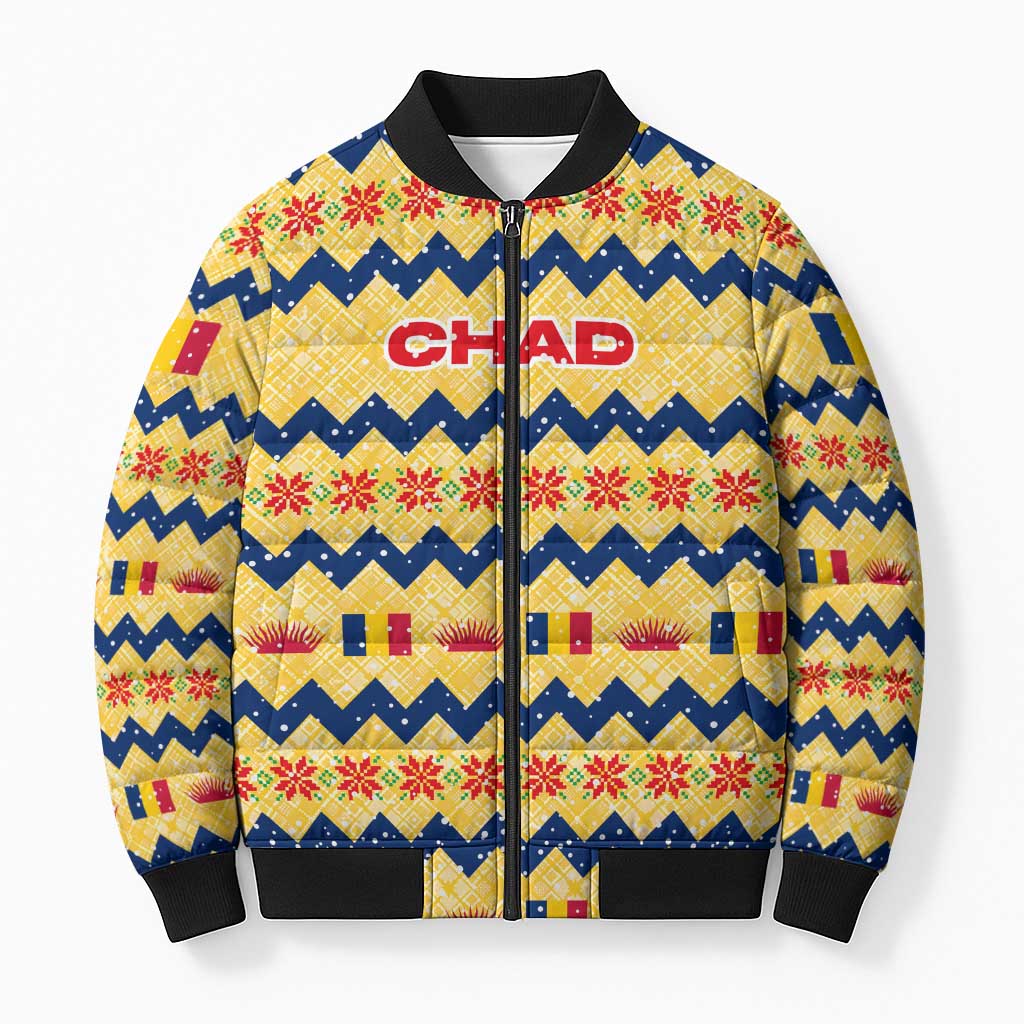 Chad Christmas Bomber Puffer Jacket with Yellow-Blue Geometric Design, National Coat of Arms, and Festive Motif - Wonder Print Shop