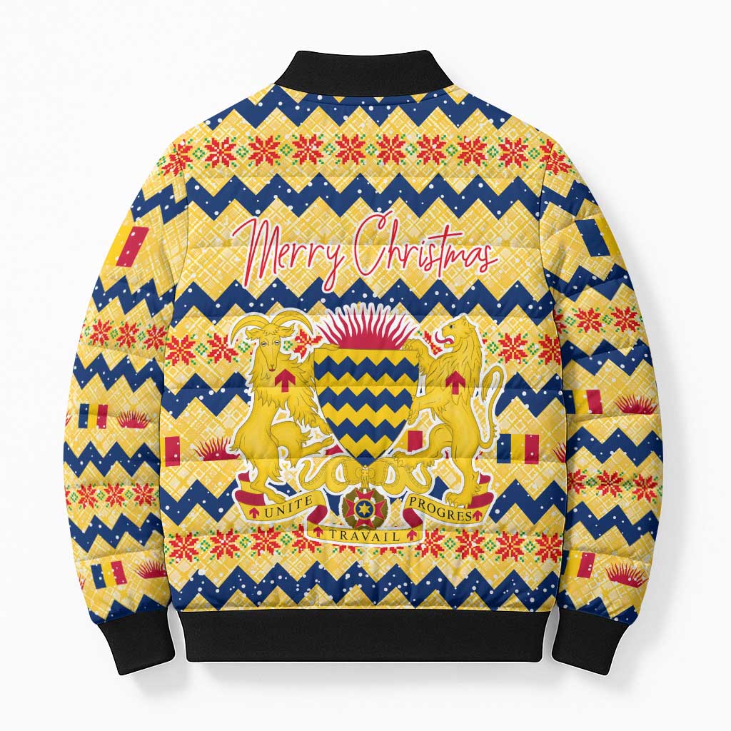 Chad Christmas Bomber Puffer Jacket with Yellow-Blue Geometric Design, National Coat of Arms, and Festive Motif - Wonder Print Shop