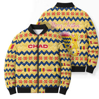 Chad Christmas Bomber Puffer Jacket with Yellow-Blue Geometric Design, National Coat of Arms, and Festive Motif - Wonder Print Shop
