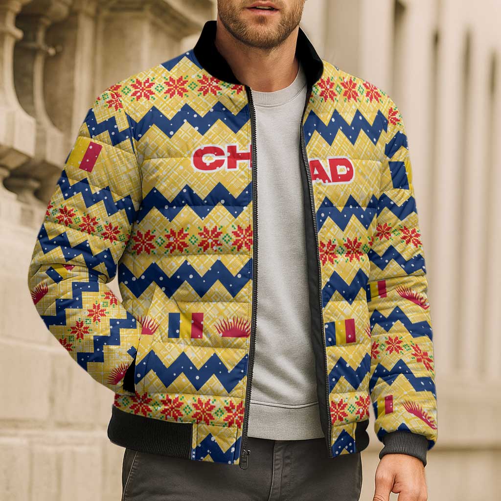 Chad Christmas Bomber Puffer Jacket with Yellow-Blue Geometric Design, National Coat of Arms, and Festive Motif - Wonder Print Shop