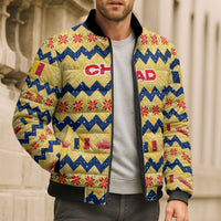 Chad Christmas Bomber Puffer Jacket with Yellow-Blue Geometric Design, National Coat of Arms, and Festive Motif - Wonder Print Shop