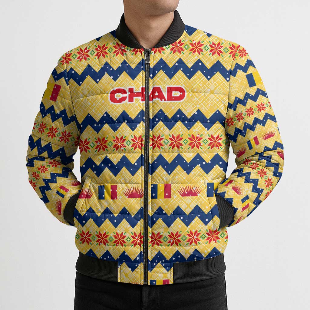 Chad Christmas Bomber Puffer Jacket with Yellow-Blue Geometric Design, National Coat of Arms, and Festive Motif - Wonder Print Shop