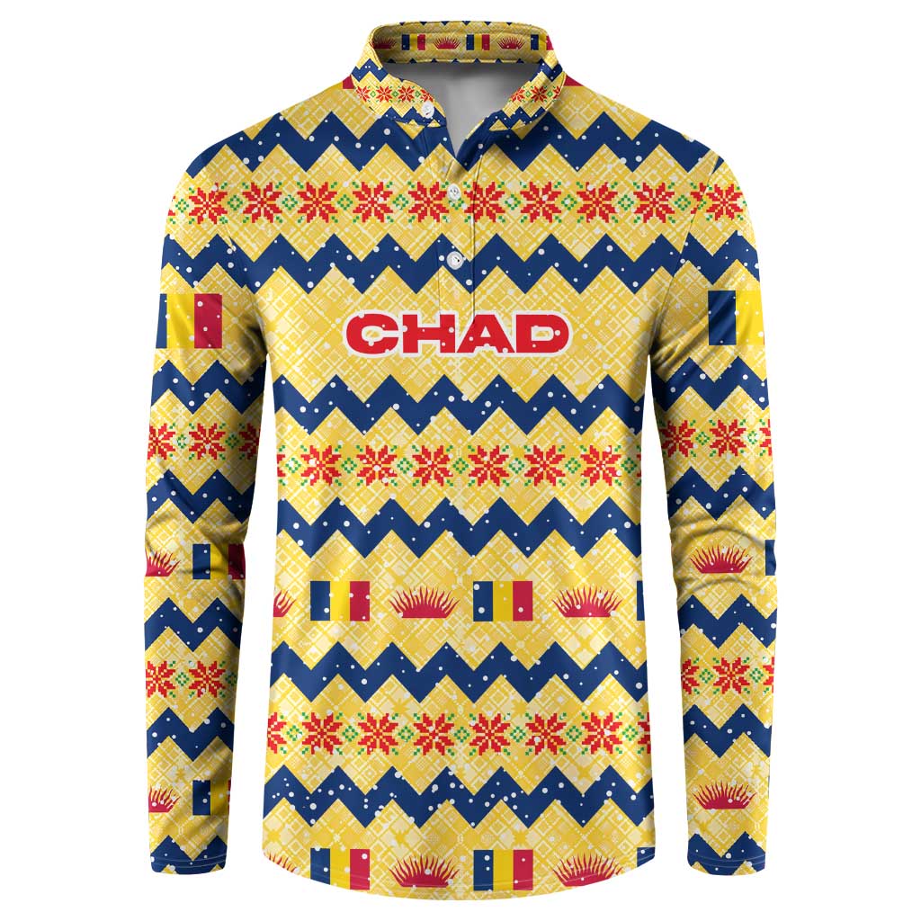 Chad Christmas Button Sweatshirt with Yellow-Blue Geometric Design, National Coat of Arms, and Festive Motif - Wonder Print Shop