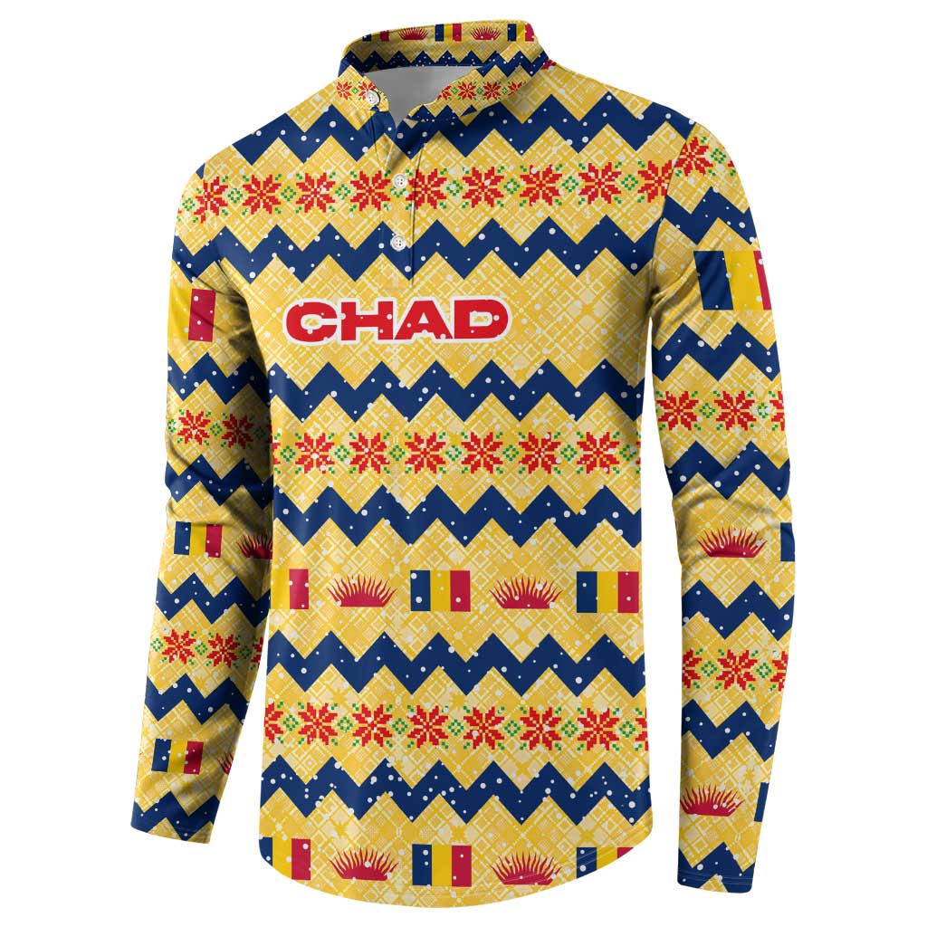 Chad Christmas Button Sweatshirt with Yellow-Blue Geometric Design, National Coat of Arms, and Festive Motif - Wonder Print Shop