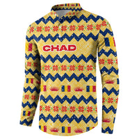 Chad Christmas Button Sweatshirt with Yellow-Blue Geometric Design, National Coat of Arms, and Festive Motif - Wonder Print Shop