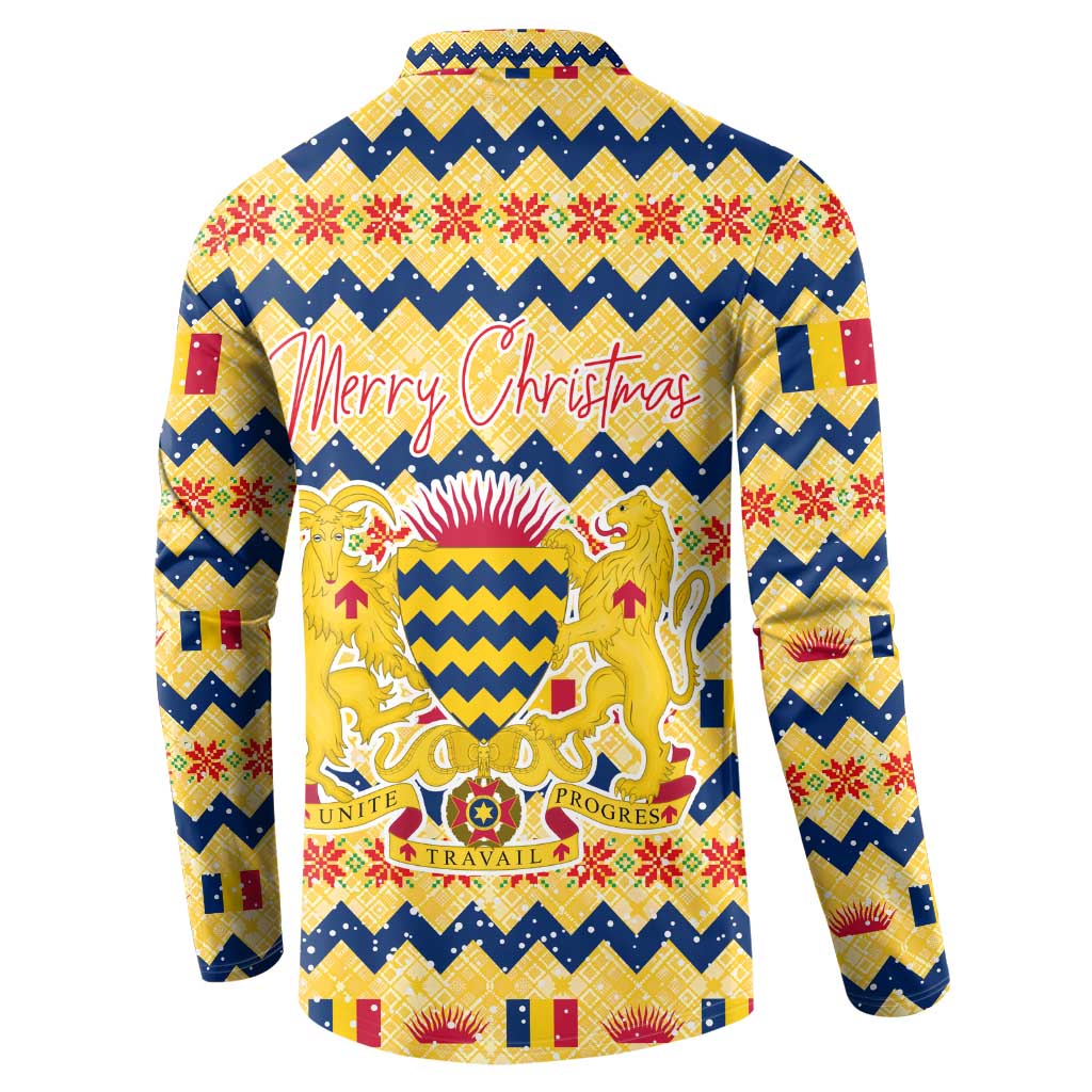 Chad Christmas Button Sweatshirt with Yellow-Blue Geometric Design, National Coat of Arms, and Festive Motif - Wonder Print Shop