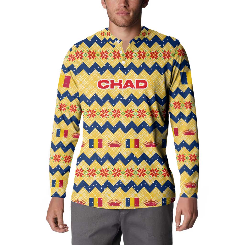 Chad Christmas Button Sweatshirt with Yellow-Blue Geometric Design, National Coat of Arms, and Festive Motif - Wonder Print Shop