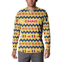 Chad Christmas Button Sweatshirt with Yellow-Blue Geometric Design, National Coat of Arms, and Festive Motif - Wonder Print Shop
