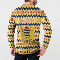 Chad Christmas Button Sweatshirt with Yellow-Blue Geometric Design, National Coat of Arms, and Festive Motif - Wonder Print Shop