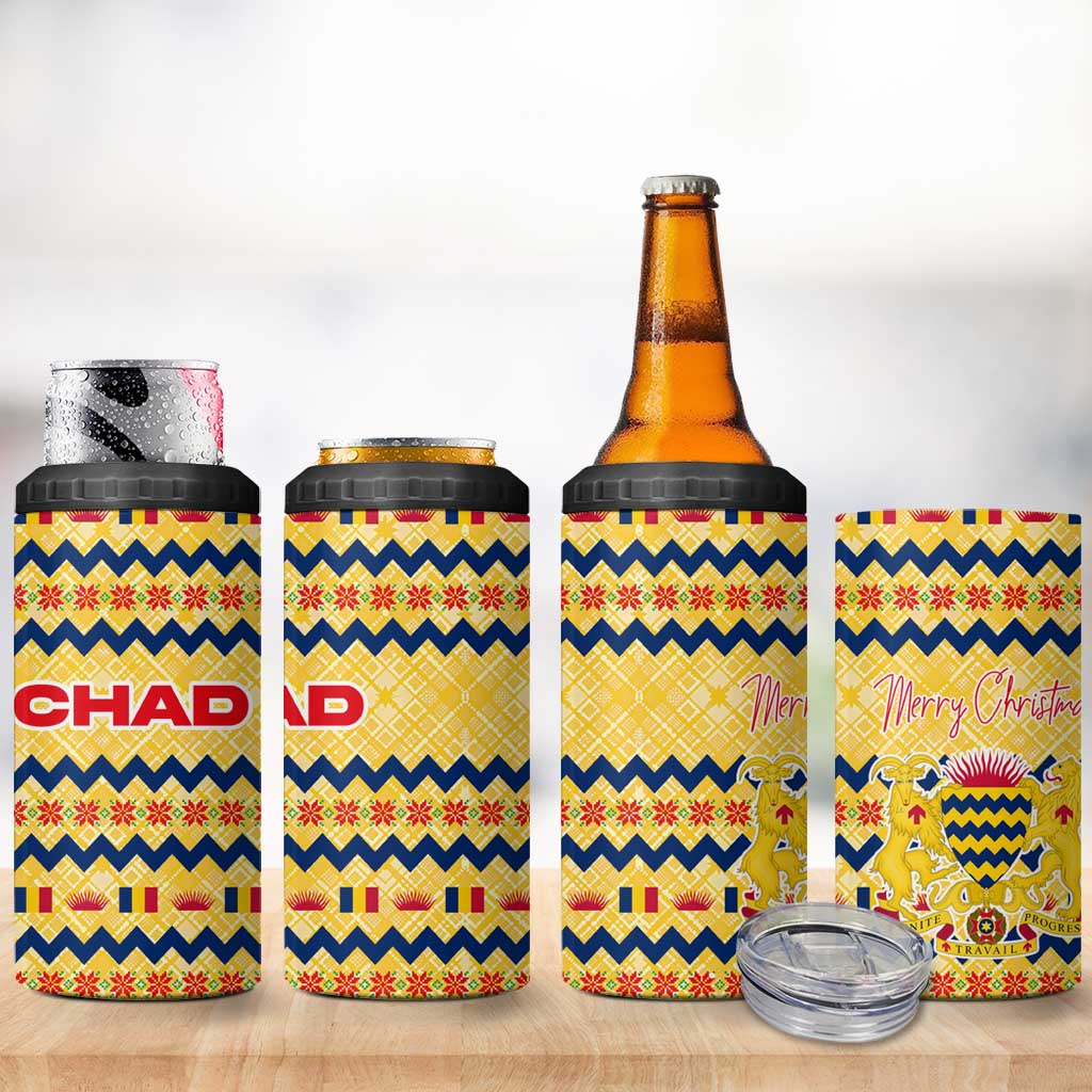 Chad Christmas 4 in 1 Can Cooler Tumbler with Yellow-Blue Geometric Design, National Coat of Arms, and Festive Motif - Wonder Print Shop