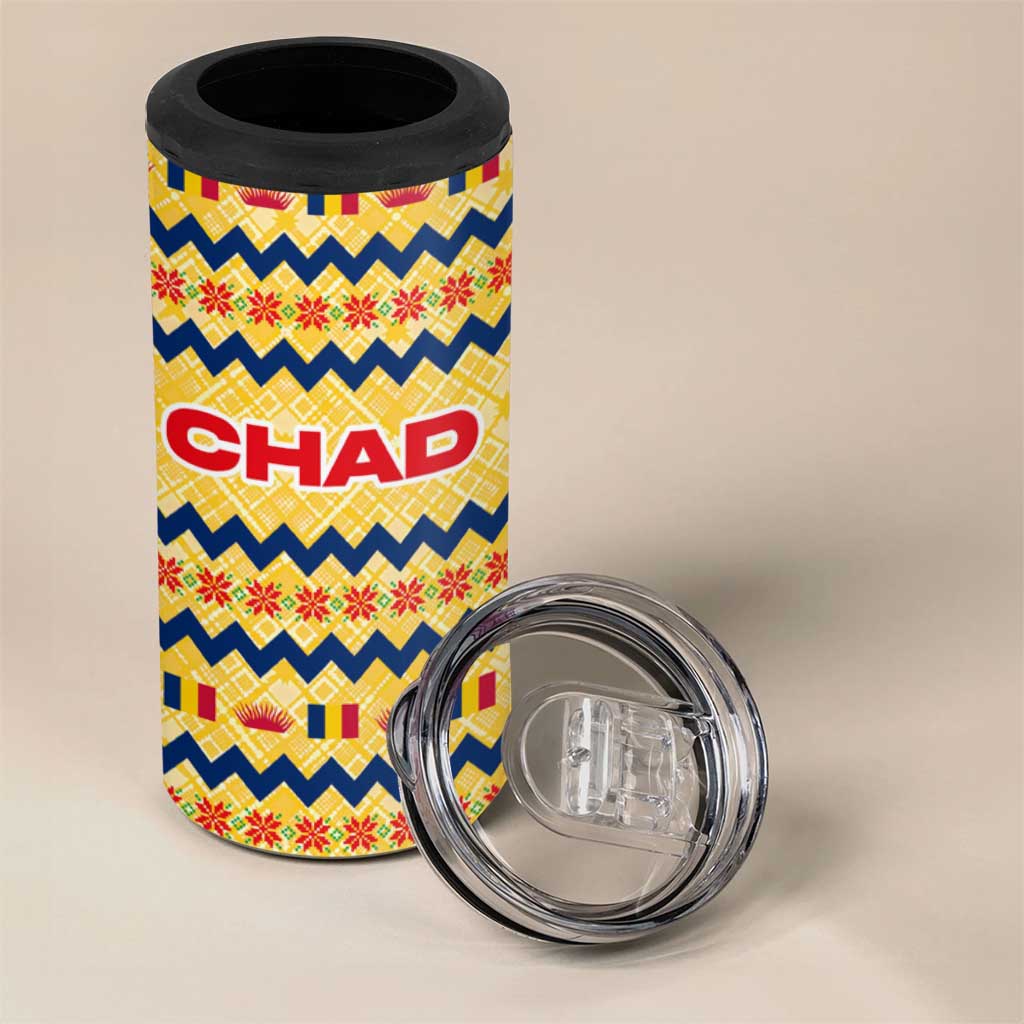 Chad Christmas 4 in 1 Can Cooler Tumbler with Yellow-Blue Geometric Design, National Coat of Arms, and Festive Motif - Wonder Print Shop