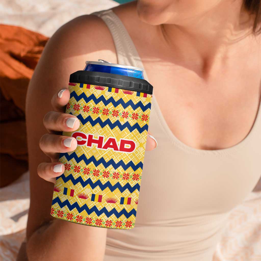 Chad Christmas 4 in 1 Can Cooler Tumbler with Yellow-Blue Geometric Design, National Coat of Arms, and Festive Motif - Wonder Print Shop