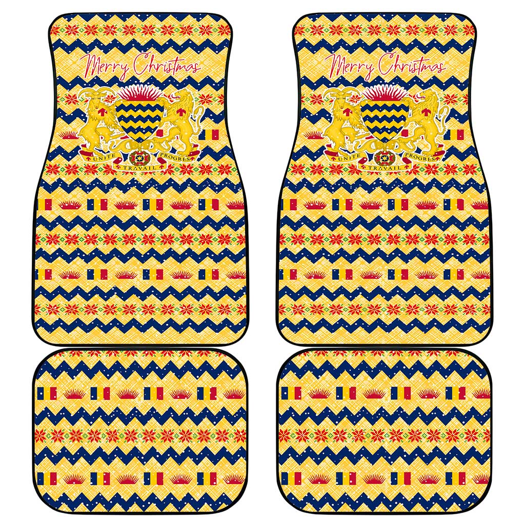 Chad Christmas Car Mats with Yellow-Blue Geometric Design, National Coat of Arms, and Festive Motif - Wonder Print Shop