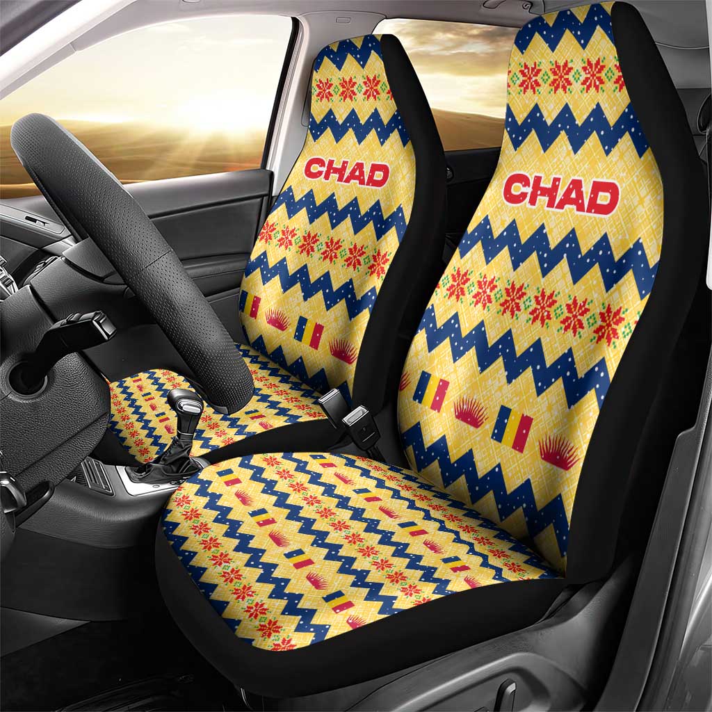 Chad Christmas Car Seat Cover with Yellow-Blue Geometric Design, National Coat of Arms, and Festive Motif - Wonder Print Shop