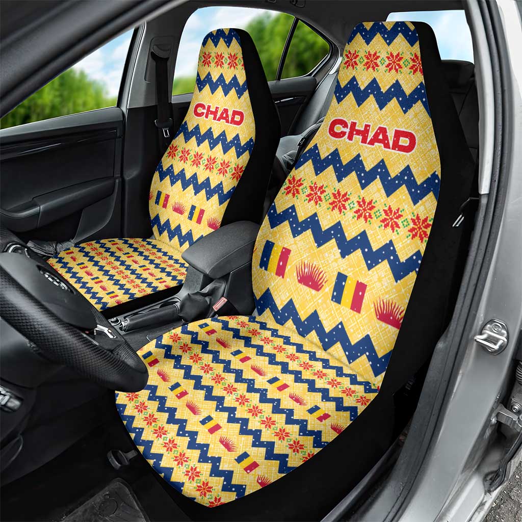 Chad Christmas Car Seat Cover with Yellow-Blue Geometric Design, National Coat of Arms, and Festive Motif - Wonder Print Shop