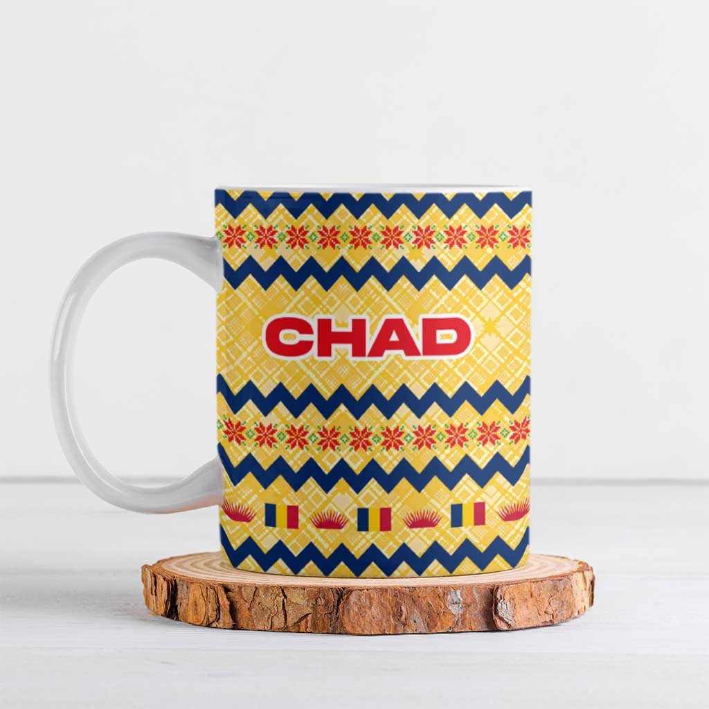 Chad Christmas Ceramic Mug with Yellow-Blue Geometric Design, National Coat of Arms, and Festive Motif - Wonder Print Shop