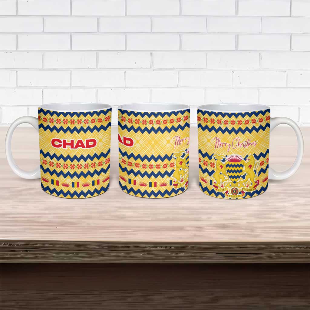 Chad Christmas Ceramic Mug with Yellow-Blue Geometric Design, National Coat of Arms, and Festive Motif - Wonder Print Shop