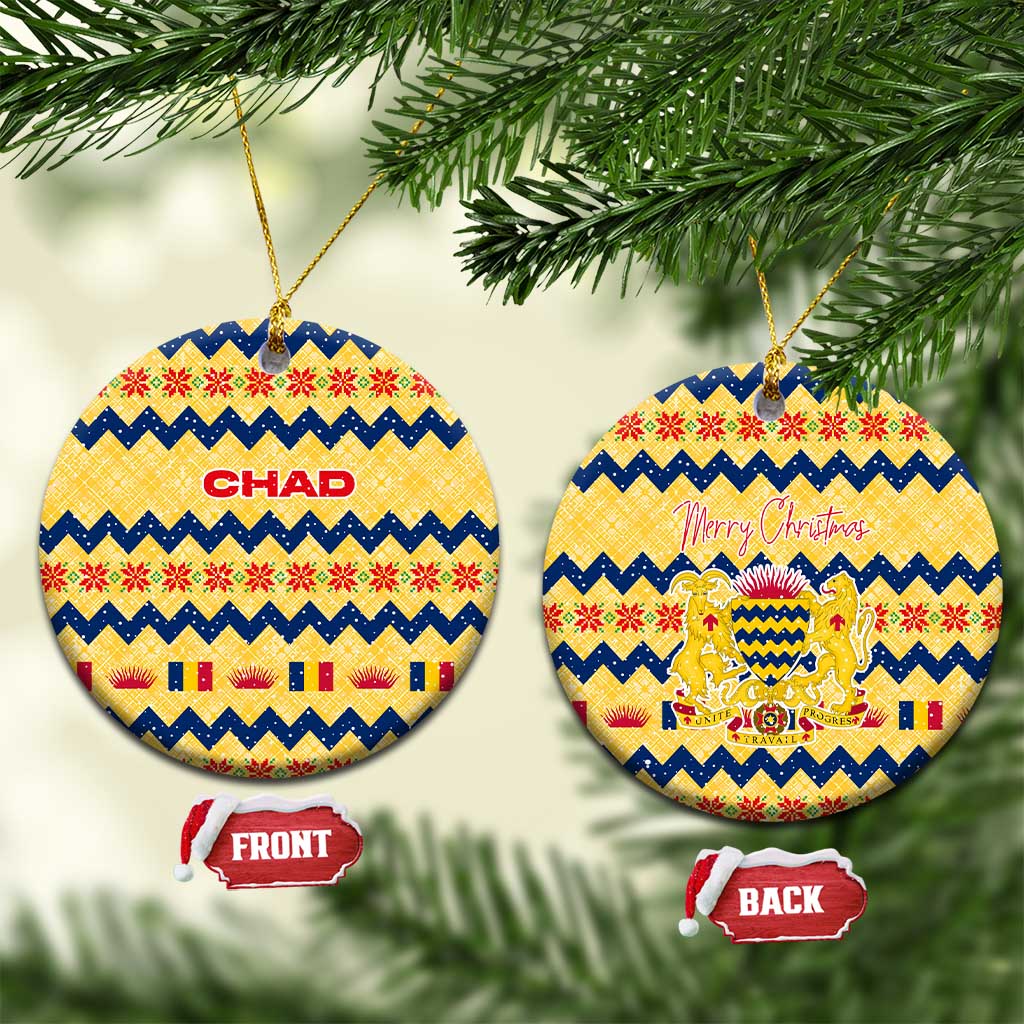 Chad Christmas Ceramic Ornament with Yellow-Blue Geometric Design, National Coat of Arms, and Festive Motif - Wonder Print Shop