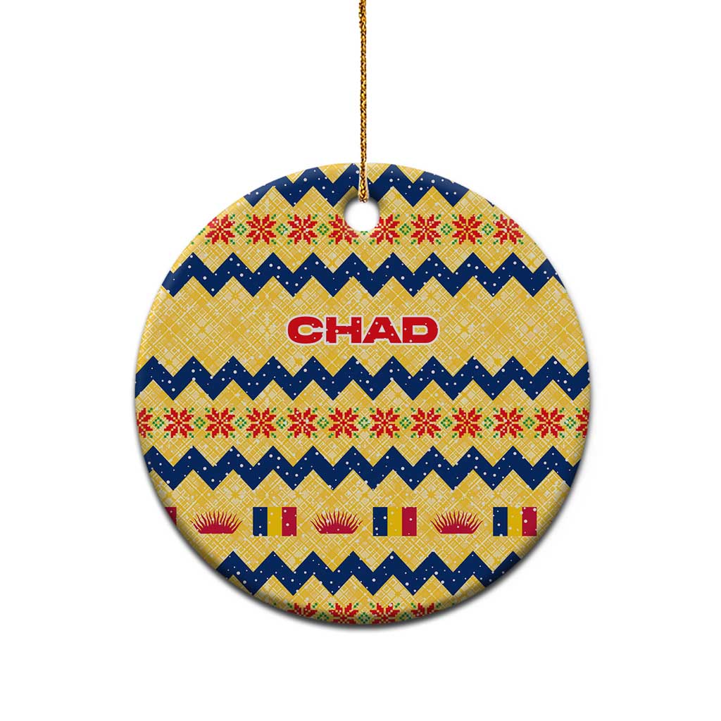 Chad Christmas Ceramic Ornament with Yellow-Blue Geometric Design, National Coat of Arms, and Festive Motif - Wonder Print Shop