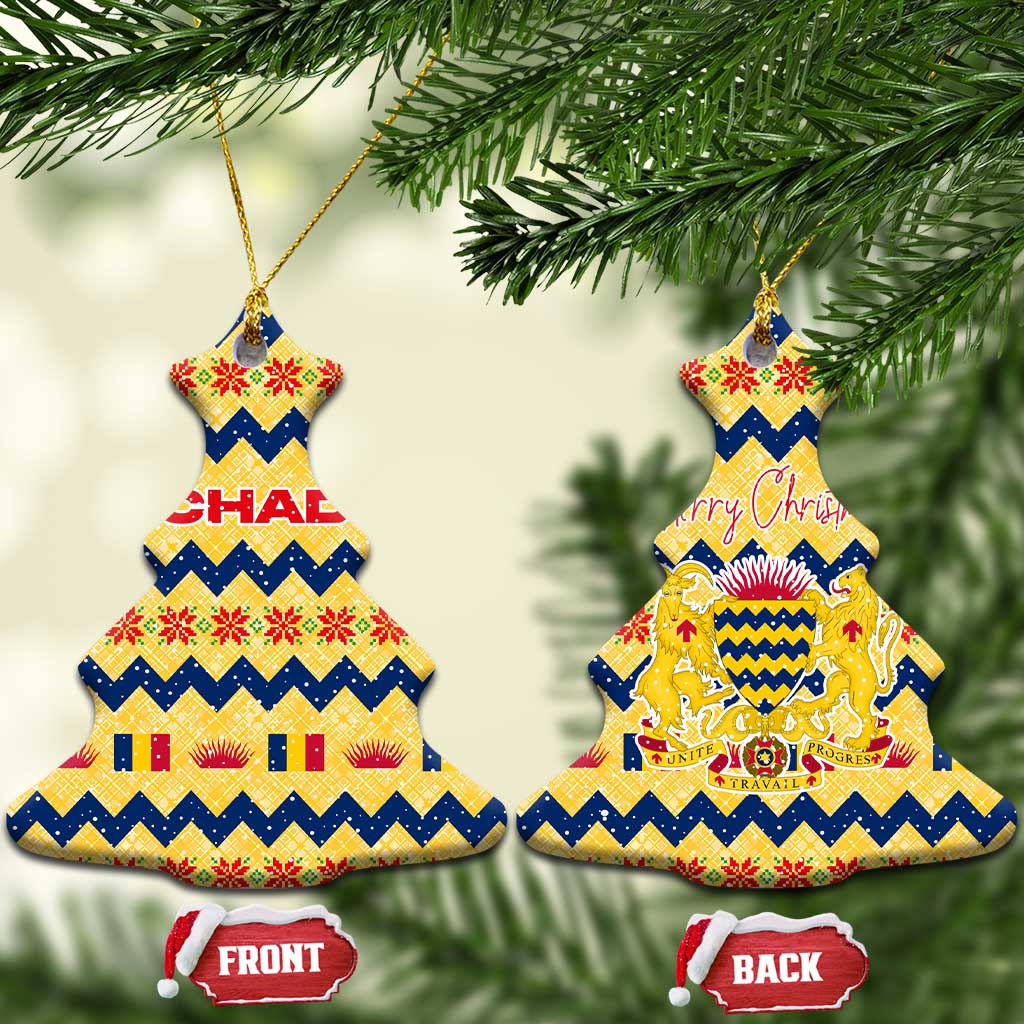 Chad Christmas Ceramic Ornament with Yellow-Blue Geometric Design, National Coat of Arms, and Festive Motif - Wonder Print Shop