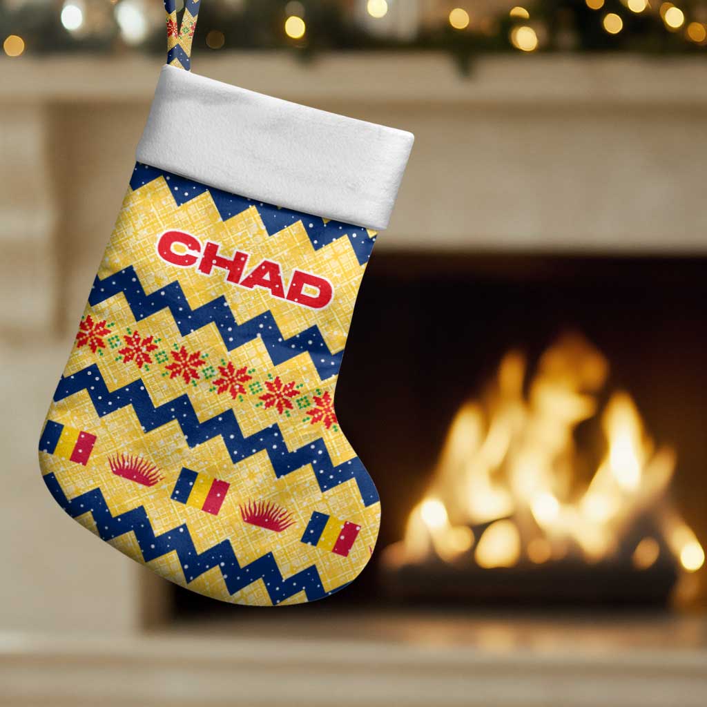 Chad Christmas Stocking with Yellow-Blue Geometric Design, National Coat of Arms, and Festive Motif - Wonder Print Shop