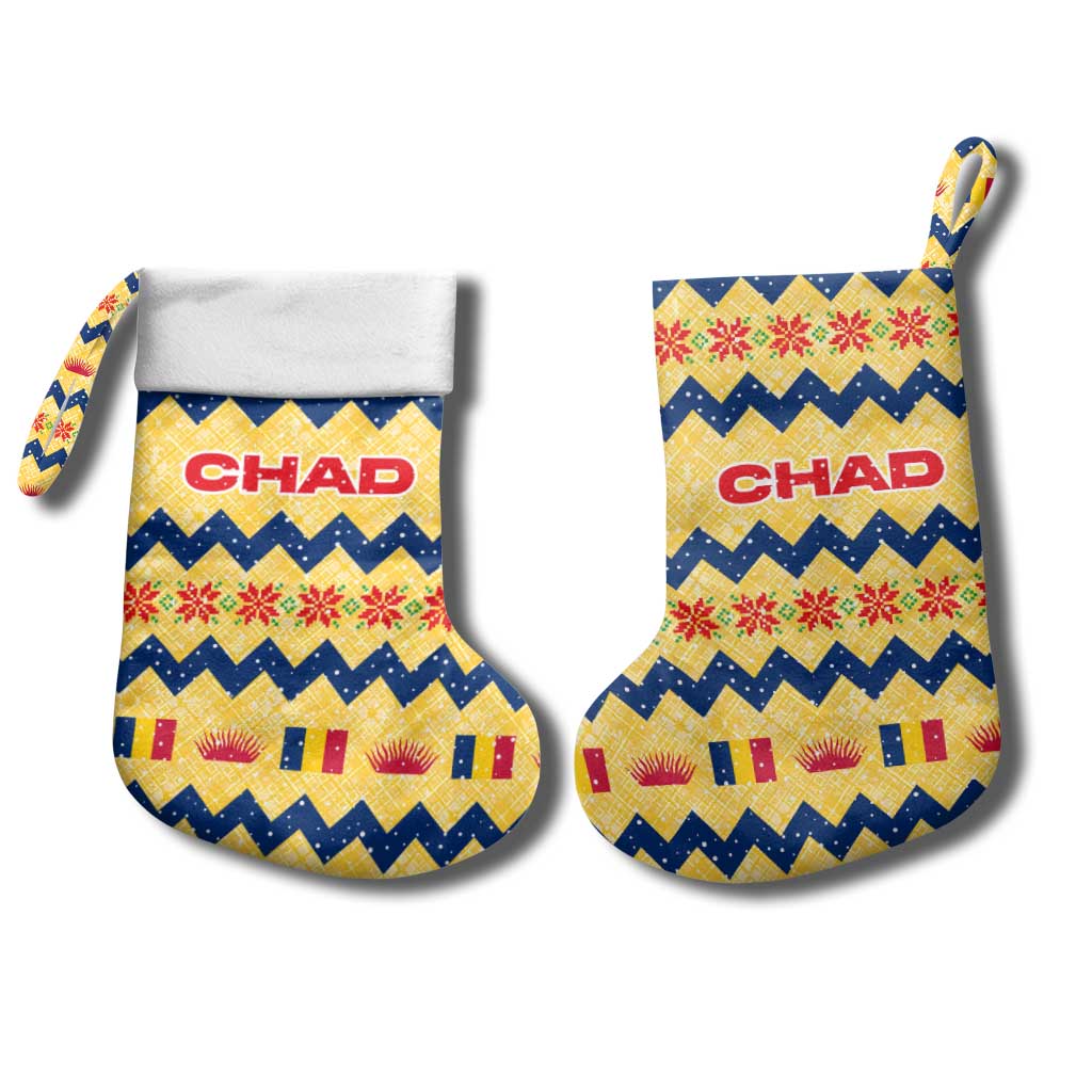 Chad Christmas Stocking with Yellow-Blue Geometric Design, National Coat of Arms, and Festive Motif - Wonder Print Shop