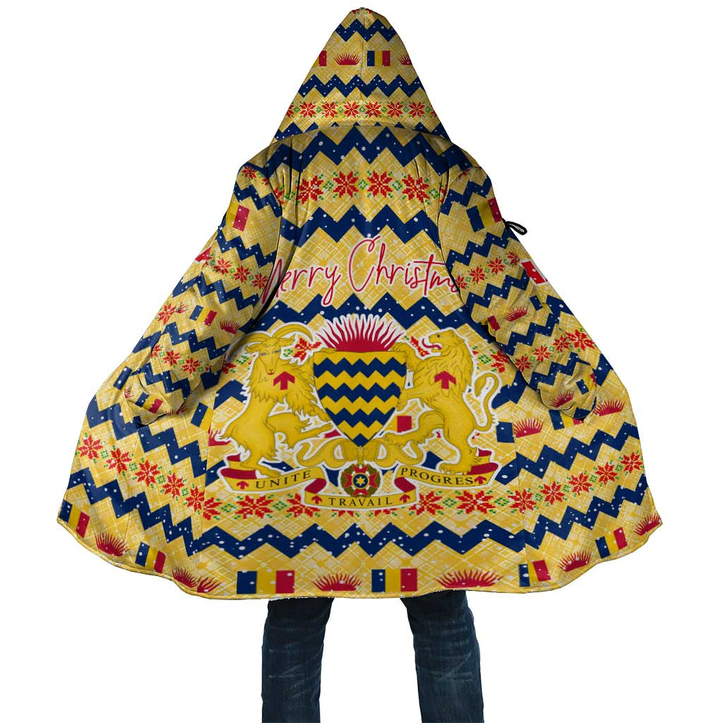 Chad Christmas Cloak with Yellow-Blue Geometric Design, National Coat of Arms, and Festive Motif - Wonder Print Shop