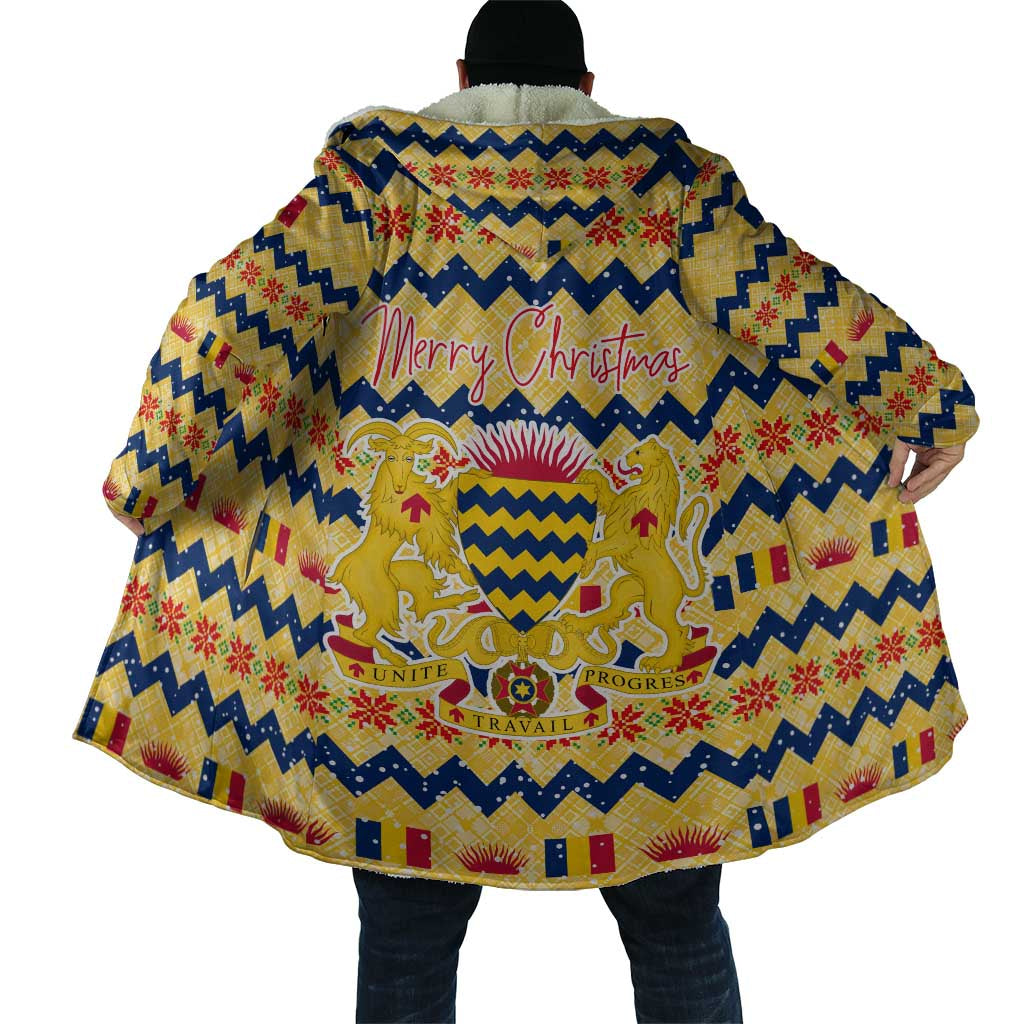 Chad Christmas Cloak with Yellow-Blue Geometric Design, National Coat of Arms, and Festive Motif - Wonder Print Shop