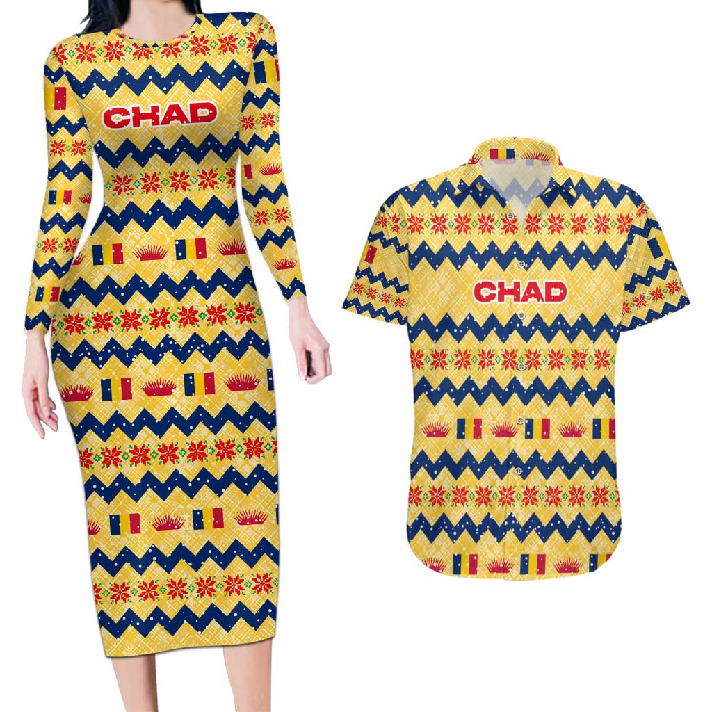 Chad Christmas Couples Matching Long Sleeve Bodycon Dress and Hawaiian Shirt with Yellow-Blue Geometric Design, National Coat of Arms, and Festive Motif - Wonder Print Shop