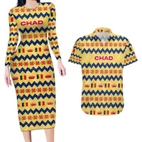Chad Christmas Couples Matching Long Sleeve Bodycon Dress and Hawaiian Shirt with Yellow-Blue Geometric Design, National Coat of Arms, and Festive Motif - Wonder Print Shop