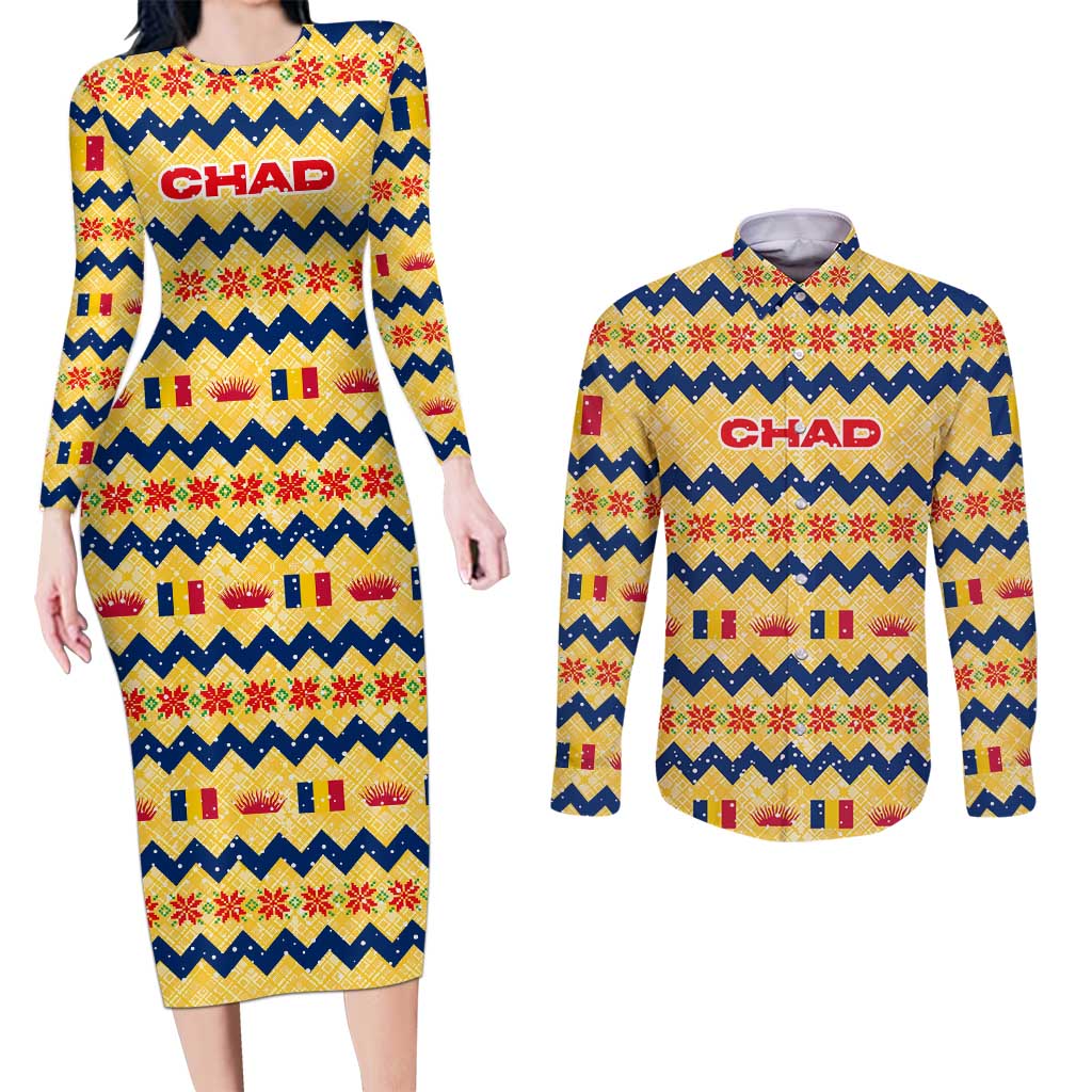 Chad Christmas Couples Matching Long Sleeve Bodycon Dress and Long Sleeve Button Shirt with Yellow-Blue Geometric Design, National Coat of Arms, and Festive Motif - Wonder Print Shop