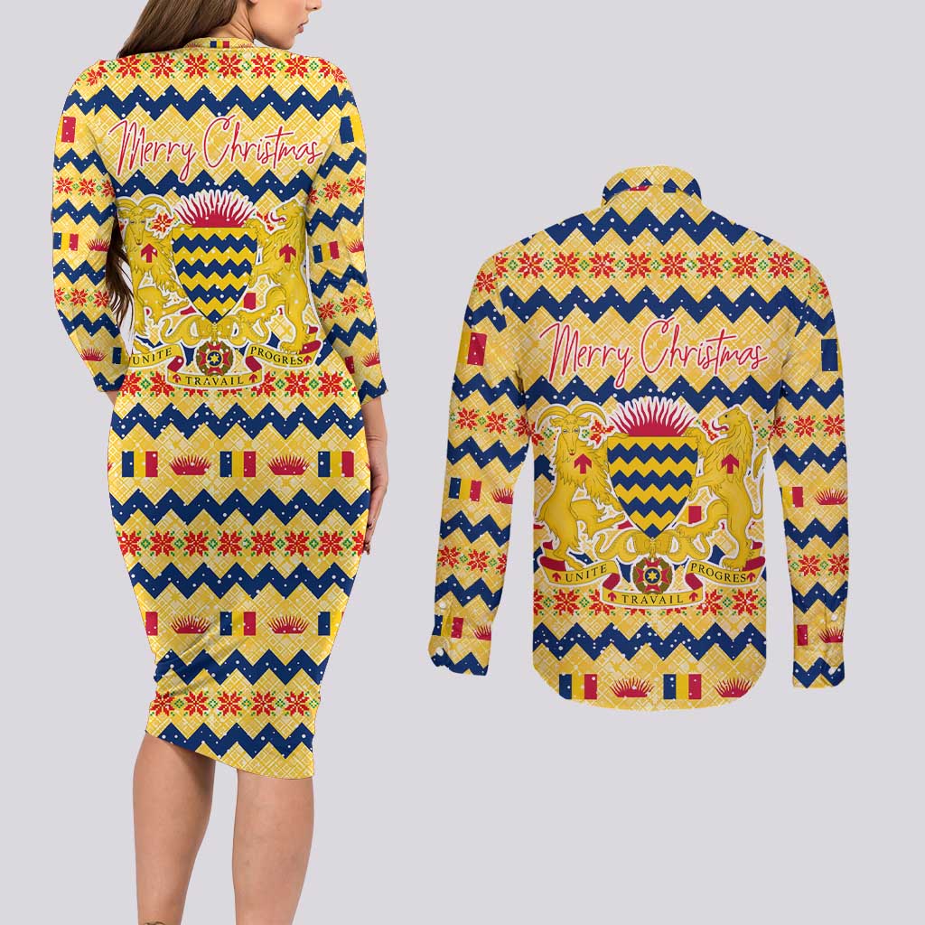 Chad Christmas Couples Matching Long Sleeve Bodycon Dress and Long Sleeve Button Shirt with Yellow-Blue Geometric Design, National Coat of Arms, and Festive Motif - Wonder Print Shop