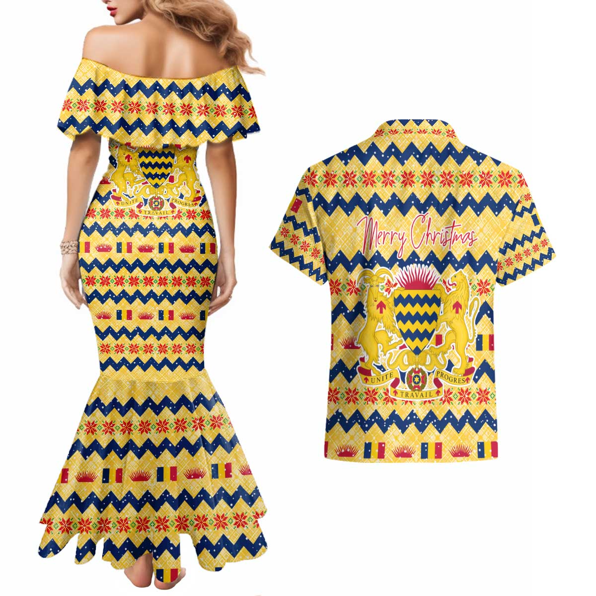 Chad Christmas Couples Matching Mermaid Dress and Hawaiian Shirt with Yellow-Blue Geometric Design, National Coat of Arms, and Festive Motif - Wonder Print Shop