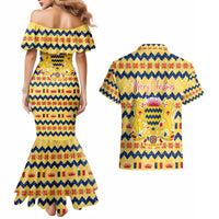 Chad Christmas Couples Matching Mermaid Dress and Hawaiian Shirt with Yellow-Blue Geometric Design, National Coat of Arms, and Festive Motif - Wonder Print Shop